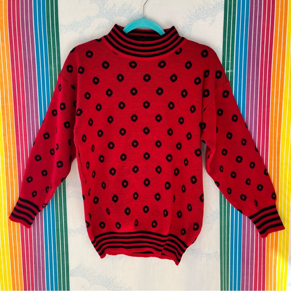 Vintage 90s Red Black Polka Dot Acrylic Sweater small clown funky bold